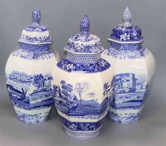 Three Spode blue and white vases and covers H.47cm